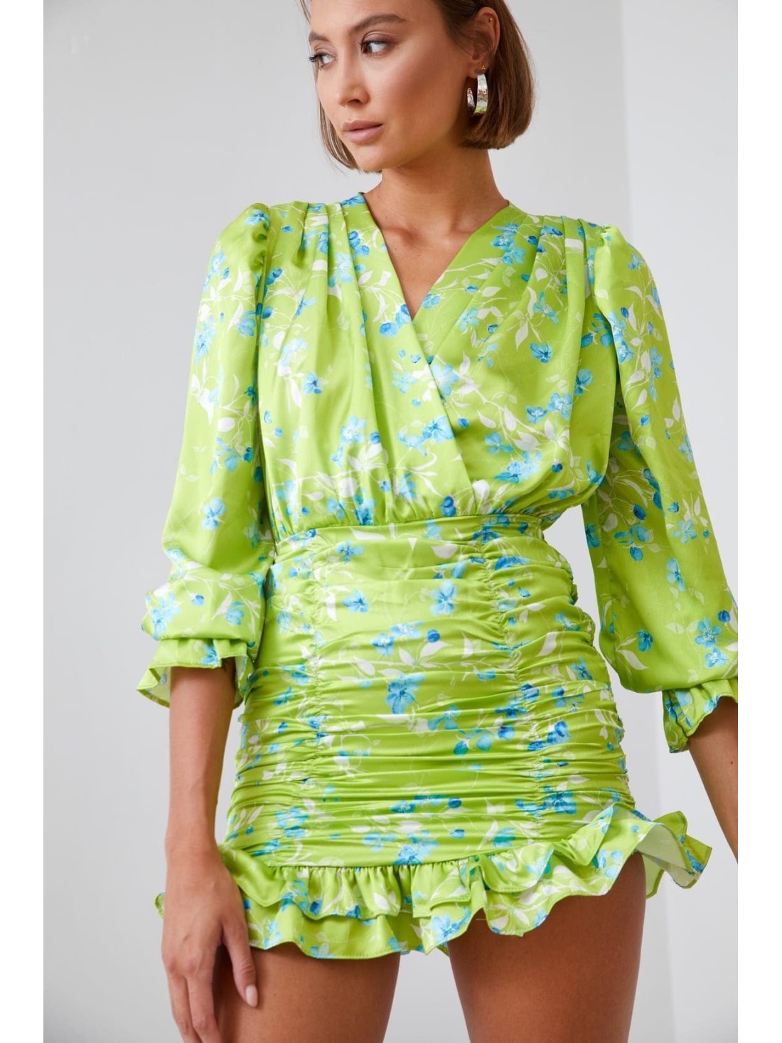 Fitted floral dress with draping, lime green 2937 - Online store - Boutique